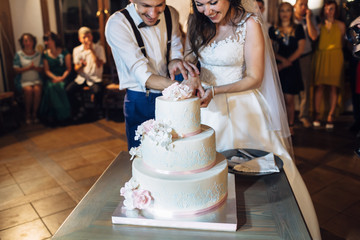 Wall Mural - The charming brides cutting a wedding cake