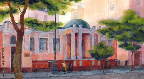 Watercolor cityscape. Beautiful pink house on a shady lane