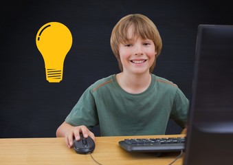 Poster - kid and blackboard with lightbulb against a black background