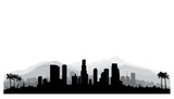 Fototapeta  - Los Angeles, USA skyline. City silhouette with skyscraper buildings, mountains and palm trees. Famous american cityscape