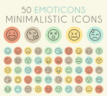 Set Of Isolated Universal Minimal Simple Thin Line Emoticons On Circular Color Buttons