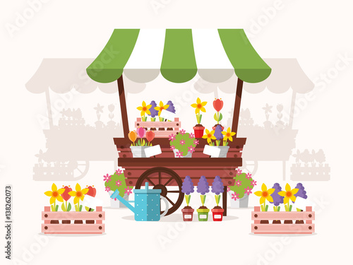 Photo Flower Stand with Spring Flowers. Flat Design Style.