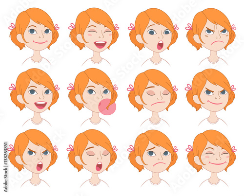 Cute Red Haired Girl With Pigtails Facial Emotions And