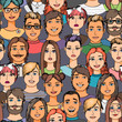 Cartoon colored faces crowd doodle hand-drawn seamless pattern