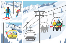 Snowboarder Sitting In Ski Gondola And Lift Elevators Winter Sport Resort Snowboard People Rest Lifting Jump Vector Illustration Mountain