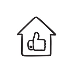 Sticker - Thumb up in house sketch icon.