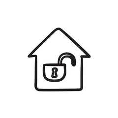 Sticker - House with open lock sketch icon.