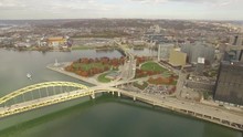 Aerial Shot Pulling Back From Liberty Bridge To Reveal Downtown Pittsburgh In A