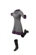 Empty clothes. Woman jumping wearing a grey and purple dress and high boots.