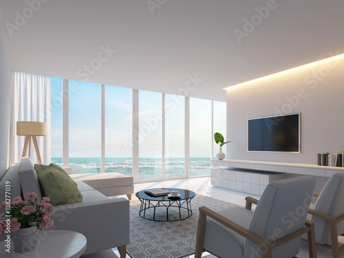 Modern White Living Room With Sea View 3d Rendering Image