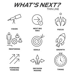 What's Next Icon Set with Big Idea, Mentoring, Decision Making, and Forward Thinking etc Icons