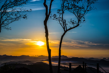 Canvas Print - Beautiful Landscape of Sunrise with mist, sky and cloud shooting from top mountain at Phu Bo Bit, Loei, Thailand