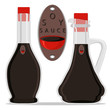 Vector logo glass bottle with handle filled soy sauce,background.Sauce drawing consisting of jar liquid soybean,cruet dark balsamic vinegar,red cap cork.Decanters for sauces,seasoning japanese bowl.