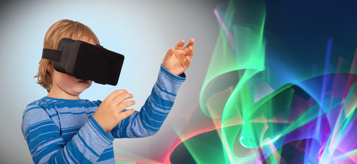 boy with glasses of virtual reality, child tries new technology