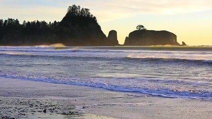 Wall Mural - Sunset surf at Rialto Beach and James Island view, Forks, Oregon