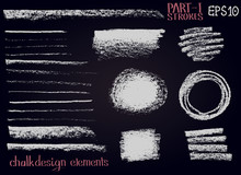 Chalk Texture Design Elements Lines, Stripes, Strokes, Round And Rectangle Shapes, Frames On Black Board.