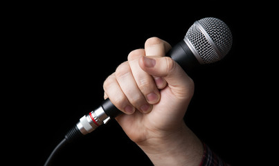 man's hand holding a microphone