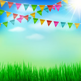 Fototapeta Kuchnia - Spring and Summer garden party background with Bunting Triangle Papers Flags, Grass,Blue sky and Sunlight.Use for Spring or Summer Season Outdoor Event and Party.vector illustration