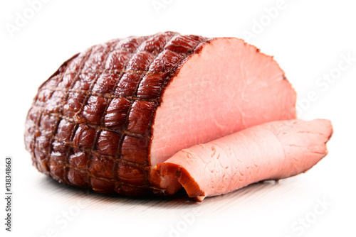 Piece of ham isolated on white background Canvas Print