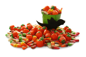 Sticker - Heap of assorted jelly sweets in bucket  on white background