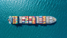 Container Ship In Import Export And Business Logistic.By Crane ,Trade Port , Shipping.cargo To Harbor.Aerial View.Water Transport.International.Shell Marine.Top View.