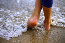 To Go For A Walk On A Sea-shore, Feet On A Beach, Walks On A Bank, Marine Wave, Ocean, Sea, Foam Marine