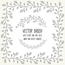 Vector Brush With Inner And Outer Corners, Start And End Tiles. Branch With Leaves And Bud. Perfect For Round And Rectangular Frames, For Separate Decorative Elements. Example Using.