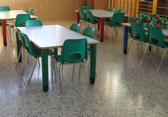 Wall Mural - Inside the classroom of a school with green chairs and small tab