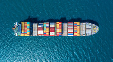 Container Ship In Import Export And Business Logistic.By Crane ,Trade Port , Shipping.cargo To Harbor.Aerial View.Top View.