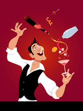 Mixologist Demonstrates Flair Bartending Making A Cocktail, EPS 8 Vector Illustration, No Transparencies 