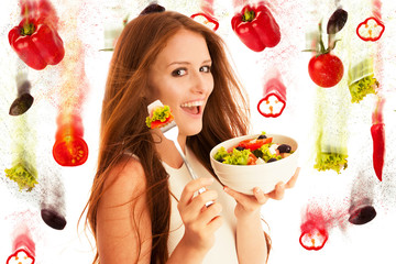 healthy eating  - woman eats a bowl of greek salad isolated over white background - vegetarian meal