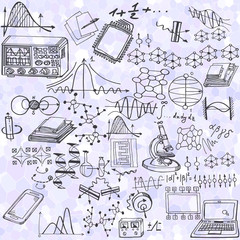 Wall Mural - science seamless pattern with sketch elements. vector background with decorative formulas and graphs