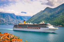 Beautiful Mediterranean Landscape. Cruise Ship Near Town Perast, Kotor Bay (Boka Kotorska), Montenegro.