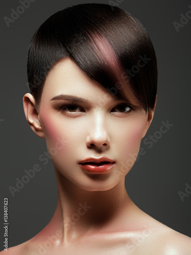 Smiling Beautiful Woman With Brown Short Hair Haircut