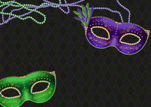 Mardi Gras, Fat Tuesday Theme Background, With Green And Purple Masks And Bead Necklaces, Copy Space