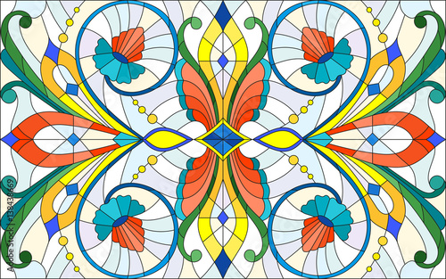 Obraz w ramie Illustration in stained glass style with abstract swirls,flowers and leaves on a light background,horizontal orientation