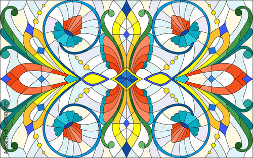 Naklejka dekoracyjna Illustration in stained glass style with abstract swirls,flowers and leaves on a light background,horizontal orientation