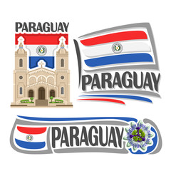 Wall Mural - Vector logo Paraguay, 3 isolated images: Catedral Nuestra Senora in Encarnacion on national state Paraguayan Flag, architecture symbol of paraguayan republic, simple flag paraguay near passion flower.