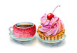Party colorful tea cups and saucers with cake closeup. Sketch handmade. Postcard for Valentine's Day. Watercolor illustration.