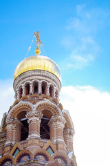 Top of Cathedral of the Resurrection on Spilled Blood in St. Petersburg against the blue sky