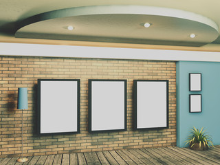 3d interior of the loft-style, with three large and two small rectangular space for labels