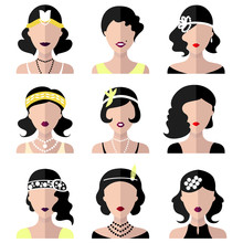 Vector Set Of Different Flapper Girls Icons In Modern Flat Style Isolated On White Background.