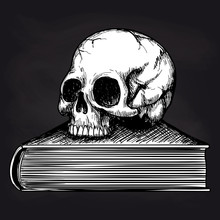 Black And White Sketch Of Human Skull On Book On Blackboard Background. Vector Illustration