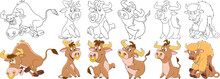 Cartoon Animals Set. Collection Of Farm Cattle. Bull, American Buffalo, Bison, Ox, Yak, Calf. Coloring Book Pages For Kids.