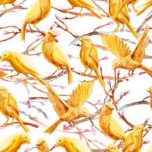 Seamless Watercolor Pattern Of Hand Drawn Cherry Blossom Branch With Yellow Bird