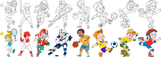 Cartoon sportive children set. Sport collection. Boys and girls playing tennis, baseball, american football (rugby), hockey, basketball, roller skating, skateboarding. Coloring book pages for kids.