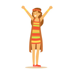 Sticker - Girl Hippie Dressed In Classic Woodstock Sixties Hippy Subculture Clothes, Colorful Dress And Long Vest