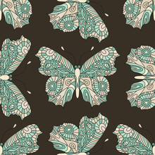 Seamless Vector Hand Drawn Pattern With Fantasy Butterflies In Modern Style.