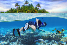 Man At Snorkeling In The Tropical Water