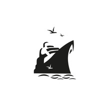 Nautical Symbol Concept. Ocean Liner Icon. Freehand Brush Style. Monchrome Black White Colors. Maritime Sea Cruise Ship Vessel Tour Emblem. Vector Seashore Journey Background. Marine Logo Template